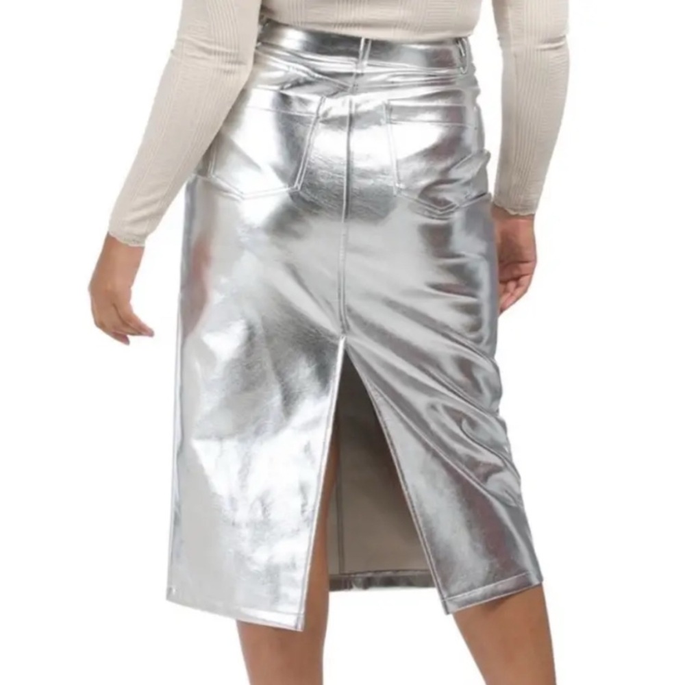 NWT 7 for All Mankind Metallic Silver Faux‎ Leather Midi Skirt Sz XS - Picture 2 of 10